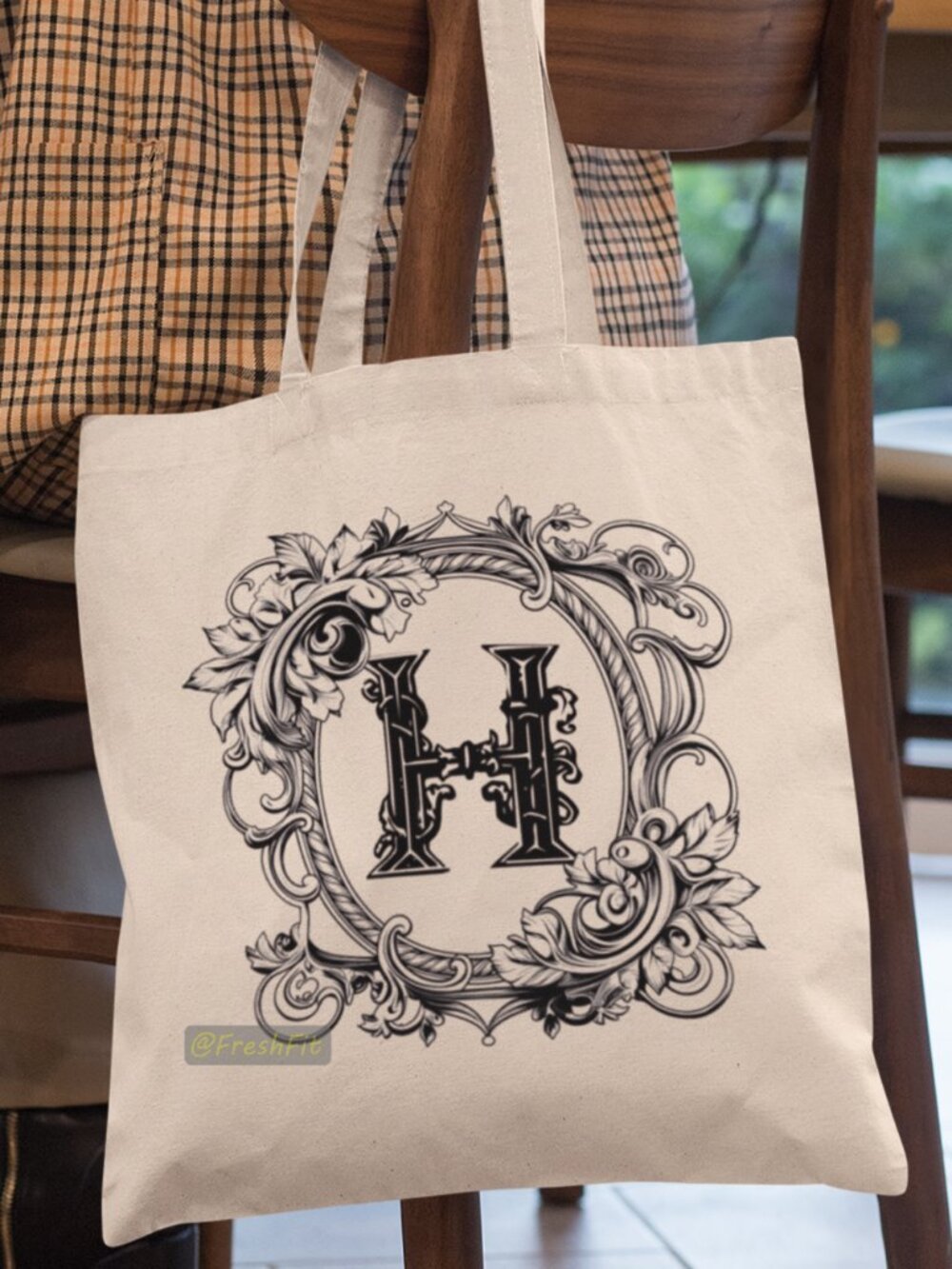 🆕Letter H Ornate Initial Natural Canvas Tote Bag